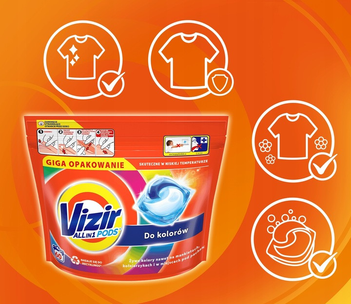 Капсулы для стирки, Vizir All in 1 Pods, 60шт.