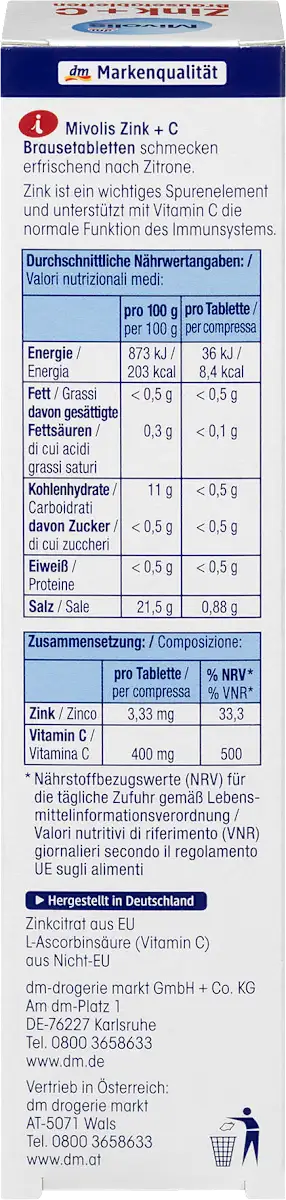 Шипучі таблетки-вітаміни Mivolis Zink + C, 20 шт.