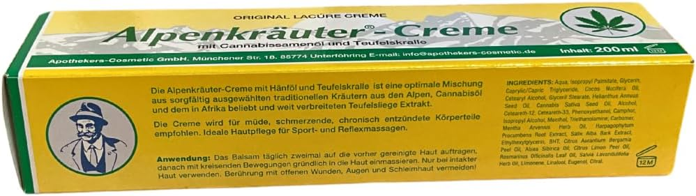 Травяной крем для суставов с экстрактом конопли Alpenkräuter-Creme, 200 мл