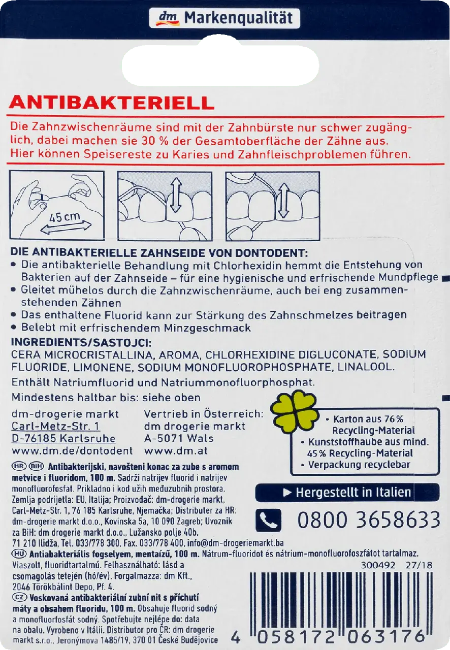 Зубная нить антибактериальная Dontodent Antibakteriell, 100 м