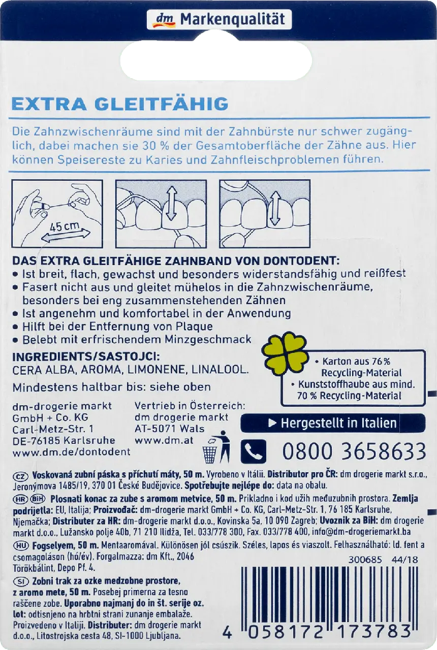 Зубная нить с ароматом мяты Dontodent Extra Gleitfähig, 100 м