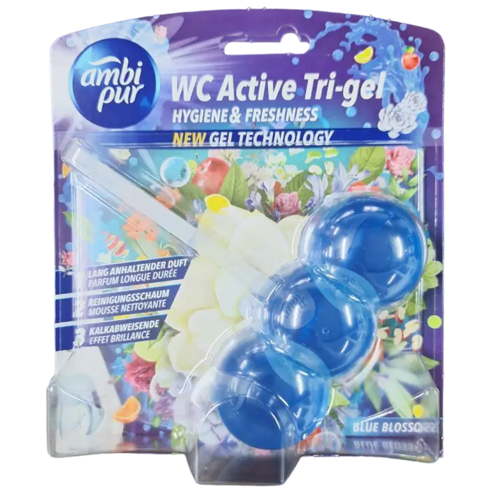 Гелевая подвеска для туалета Ambi Pur WC Active Tri-gel с голубыми цветами, 45 г