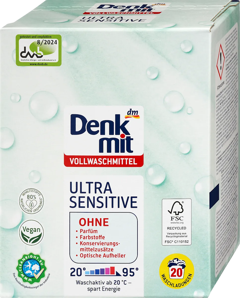 Сверхмощный стиральный порошок для белого Denkmit Ultra Sensitive (20 стирок), 1,35 кг