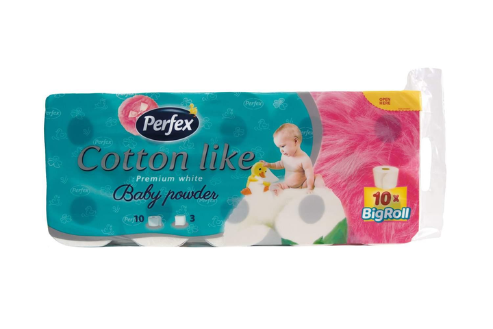 Туалетний папір дитячий Perfex Cotton Like Baby Powder, 3-шаровий, 10 рулонів